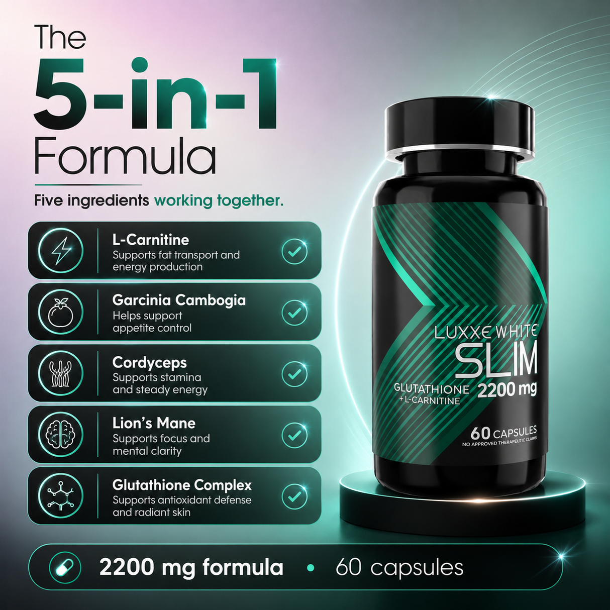 Luxxe White Slim: 5-in-1 Metabolic Transformation - Glutathione + L-Carnitine + Garcinia + Cordyceps + Lion's Mane 2200mg