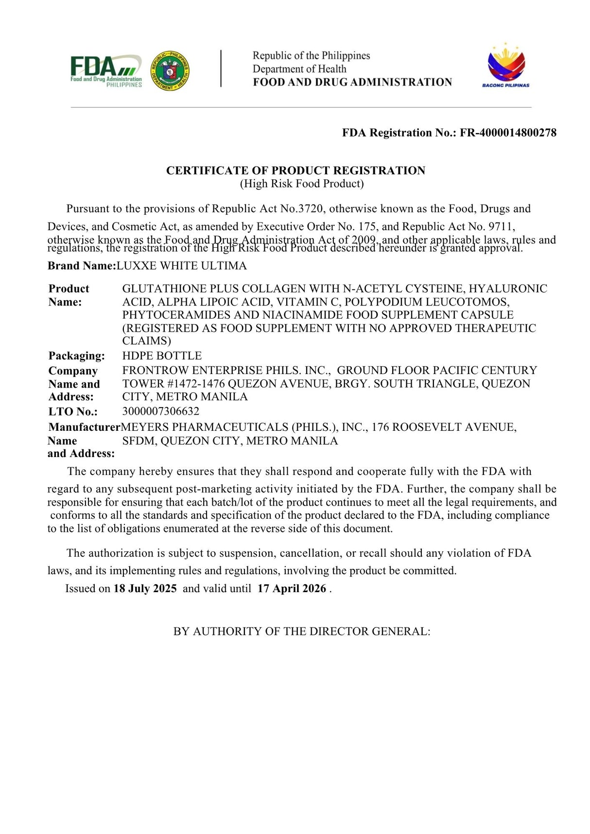 Luxxe White Ultima FDA